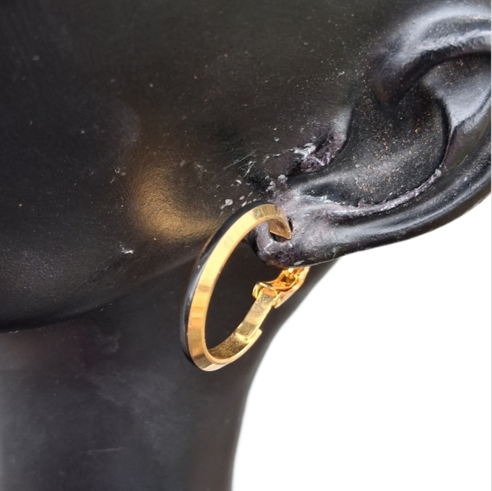 Vintage Crown Trifari Gold Tone & Black Enamel Hoop Earrings | Mid Century